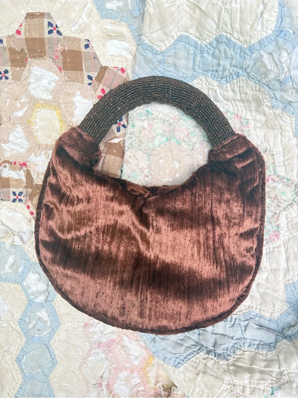 Vintage Crushed Brown Velvet Clutch with Beaded Handle